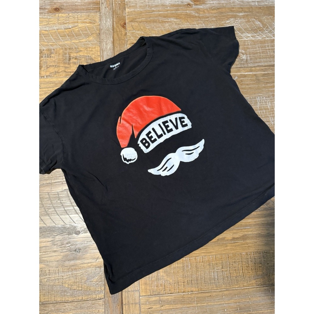 Old Navy Womens XL Black Christmas Tee BELIEVE Santa Graphic Holiday T-Shirt